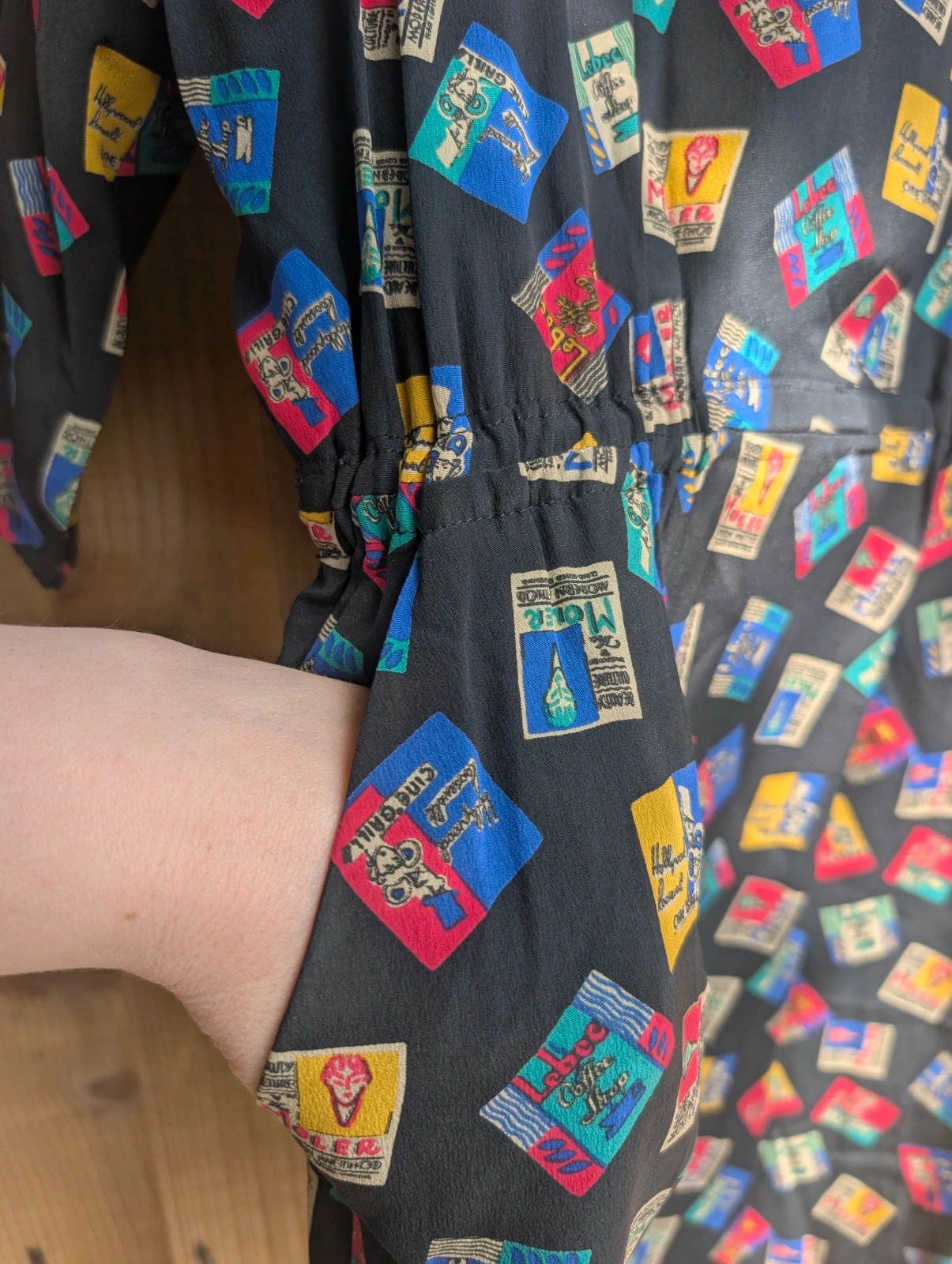 Ina Lima Vintage 80s 90s Black Postcard Print Midi Dress UK 12-14 Novelty Travel Shirt Dress - Image 8