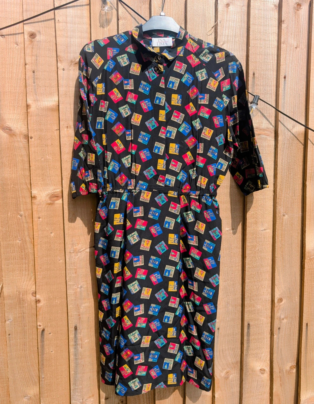 Ina Lima Vintage 80s 90s Black Postcard Print Midi Dress UK 12-14 Novelty Travel Shirt Dress - Image 2