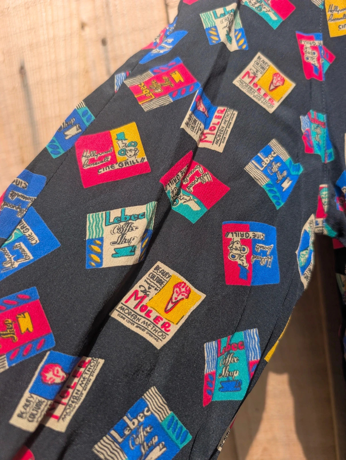 Ina Lima Vintage 80s 90s Black Postcard Print Midi Dress UK 12-14 Novelty Travel Shirt Dress - Image 3
