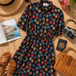 Ina Lima Vintage 80s 90s Black Postcard Print Midi Dress UK 12-14 Novelty Travel Shirt Dress