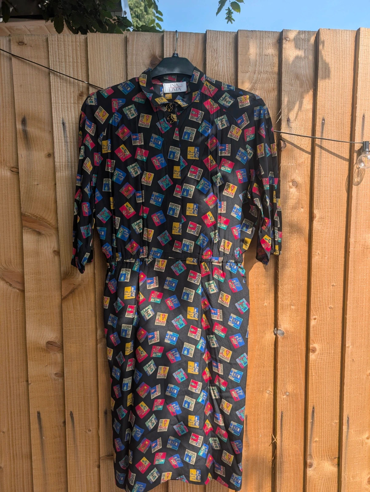 Ina Lima Vintage 80s 90s Black Postcard Print Midi Dress UK 12-14 Novelty Travel Shirt Dress - Image 6