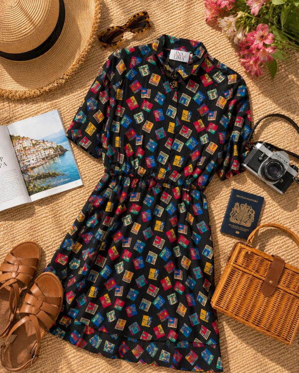 Ina Lima Vintage 80s 90s Black Postcard Print Midi Dress UK 12-14 Novelty Travel Shirt Dress