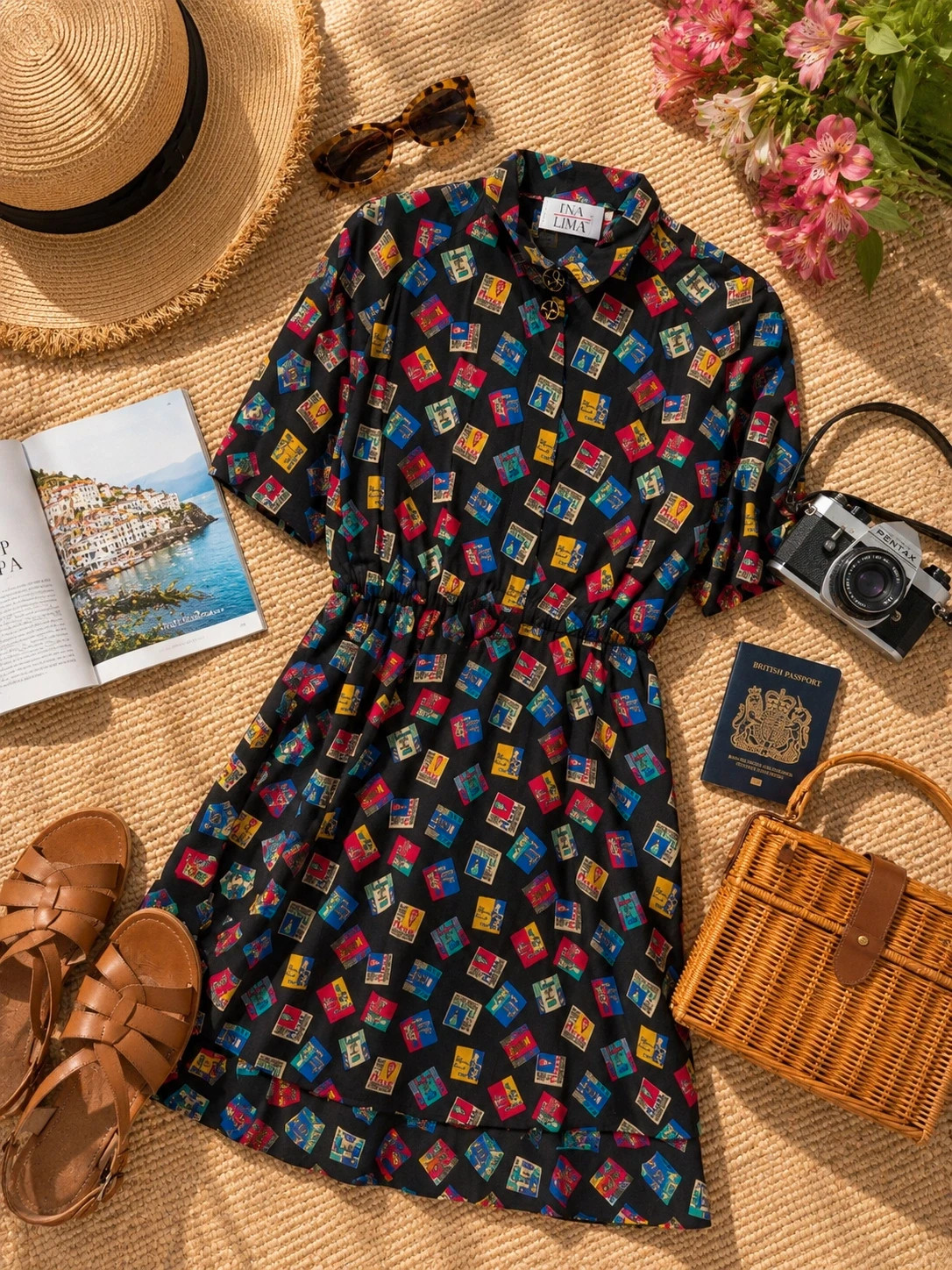Ina Lima Vintage 80s 90s Black Postcard Print Midi Dress UK 12-14 Novelty Travel Shirt Dress