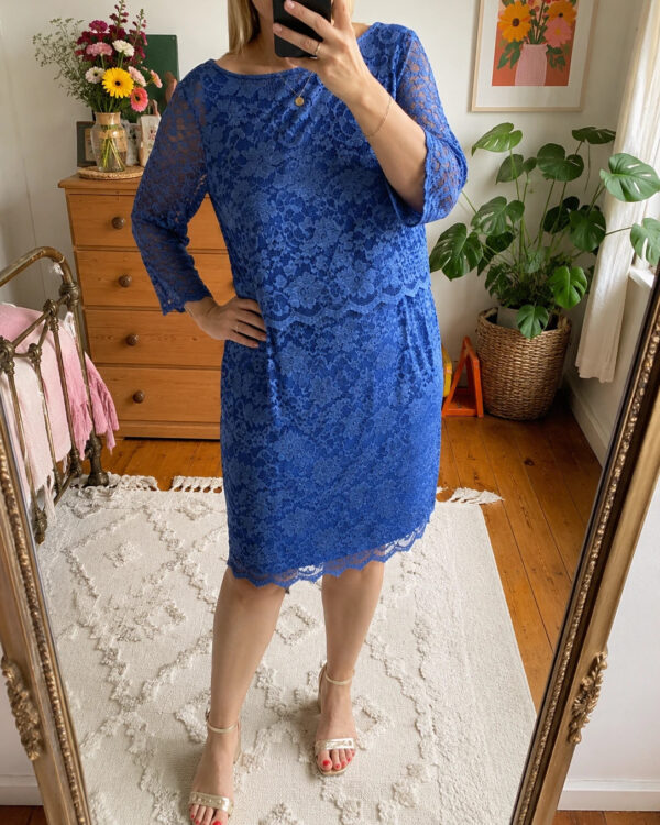 Nightingales Royal Blue Lace Overlay Occasion Dress UK 16 3/4 Sleeve
