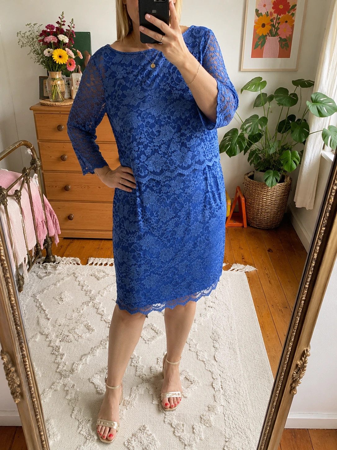 Nightingales Royal Blue Lace Overlay Occasion Dress UK 16 3/4 Sleeve