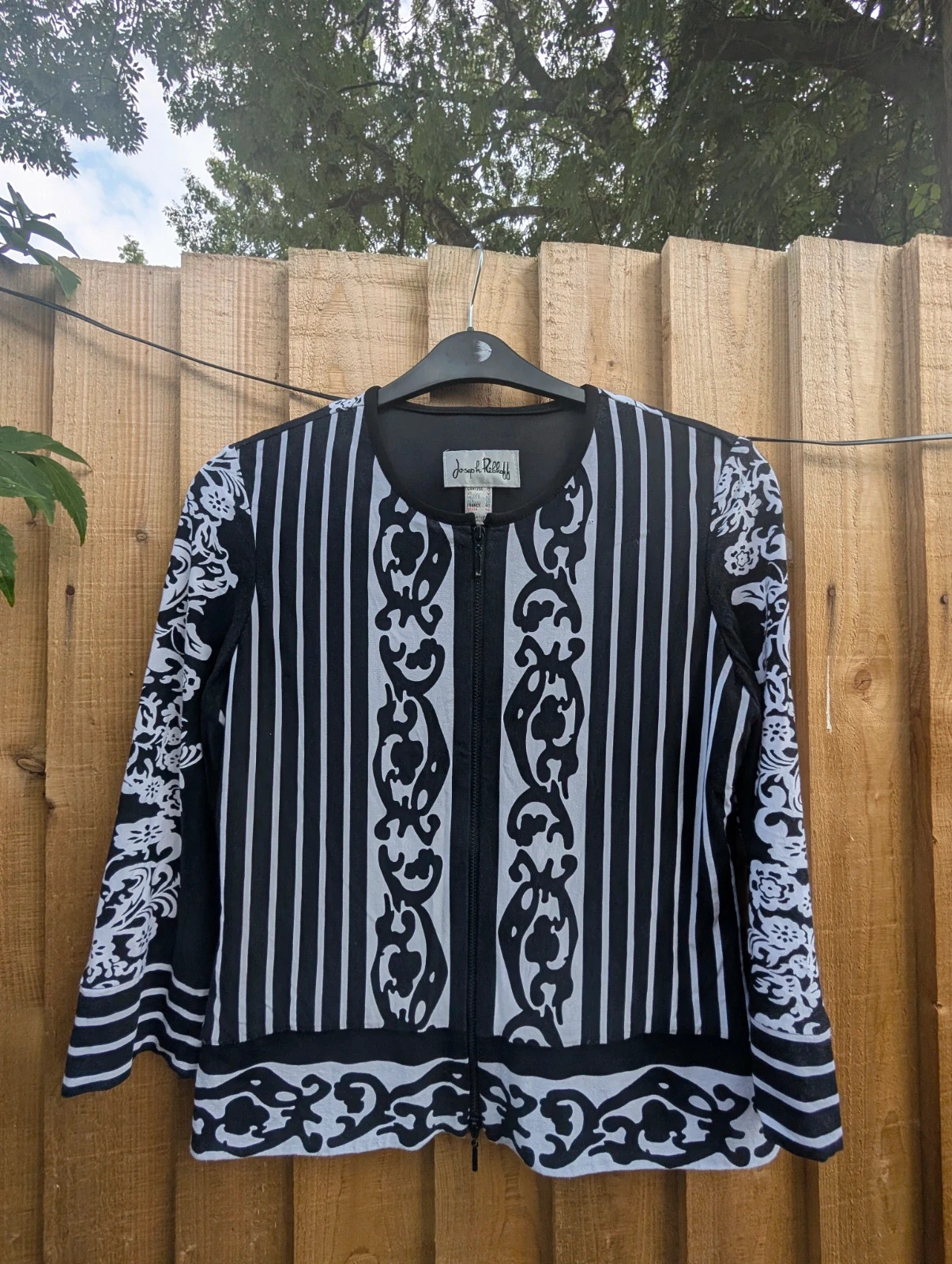 Joseph Ribkoff Vintage 90s Black & White Pattern Zip Jacket UK 12 Graphic Print Stretch Top - Image 2