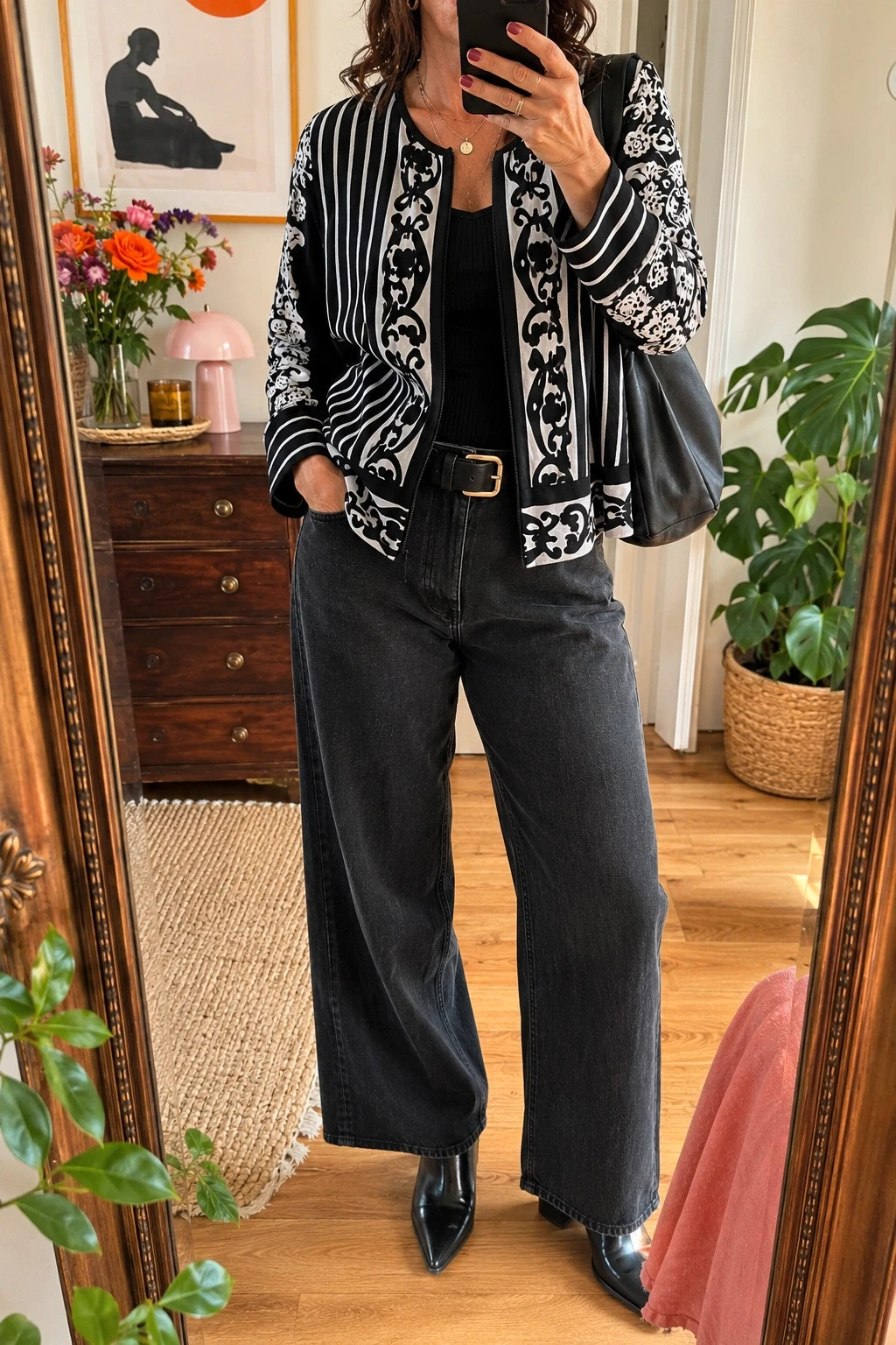 Joseph Ribkoff Vintage 90s Black & White Pattern Zip Jacket UK 12 Graphic Print Stretch Top