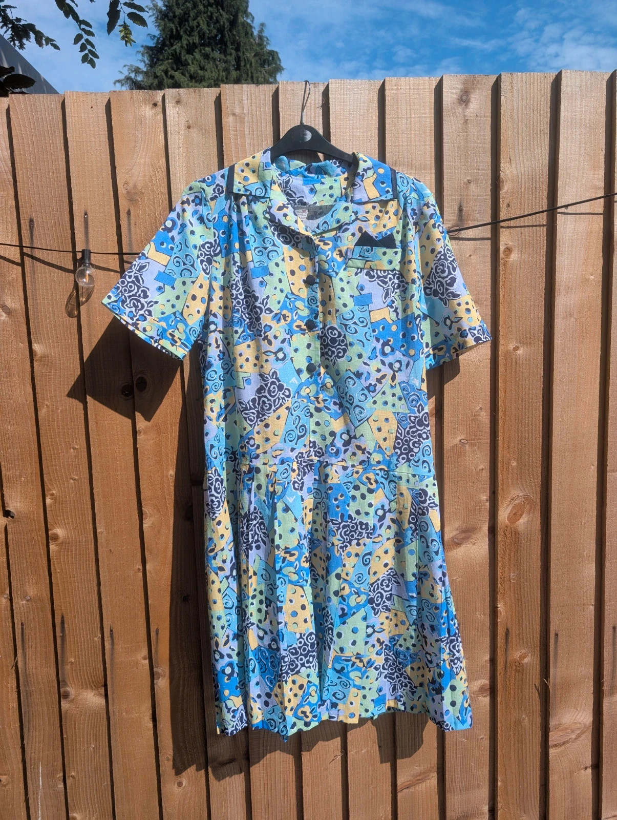 Vintage 1980s Blue Geometric Drop Waist Pleated Shirt Dress UK 14 - Image 4