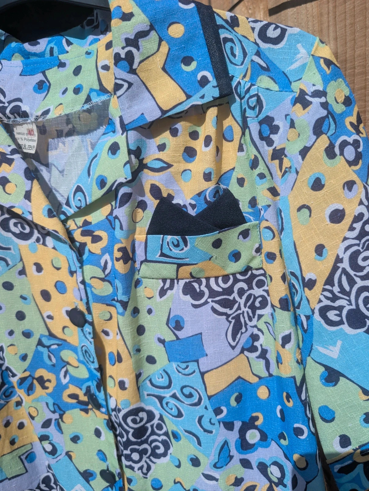 Vintage 1980s Blue Geometric Drop Waist Pleated Shirt Dress UK 14 - Image 14