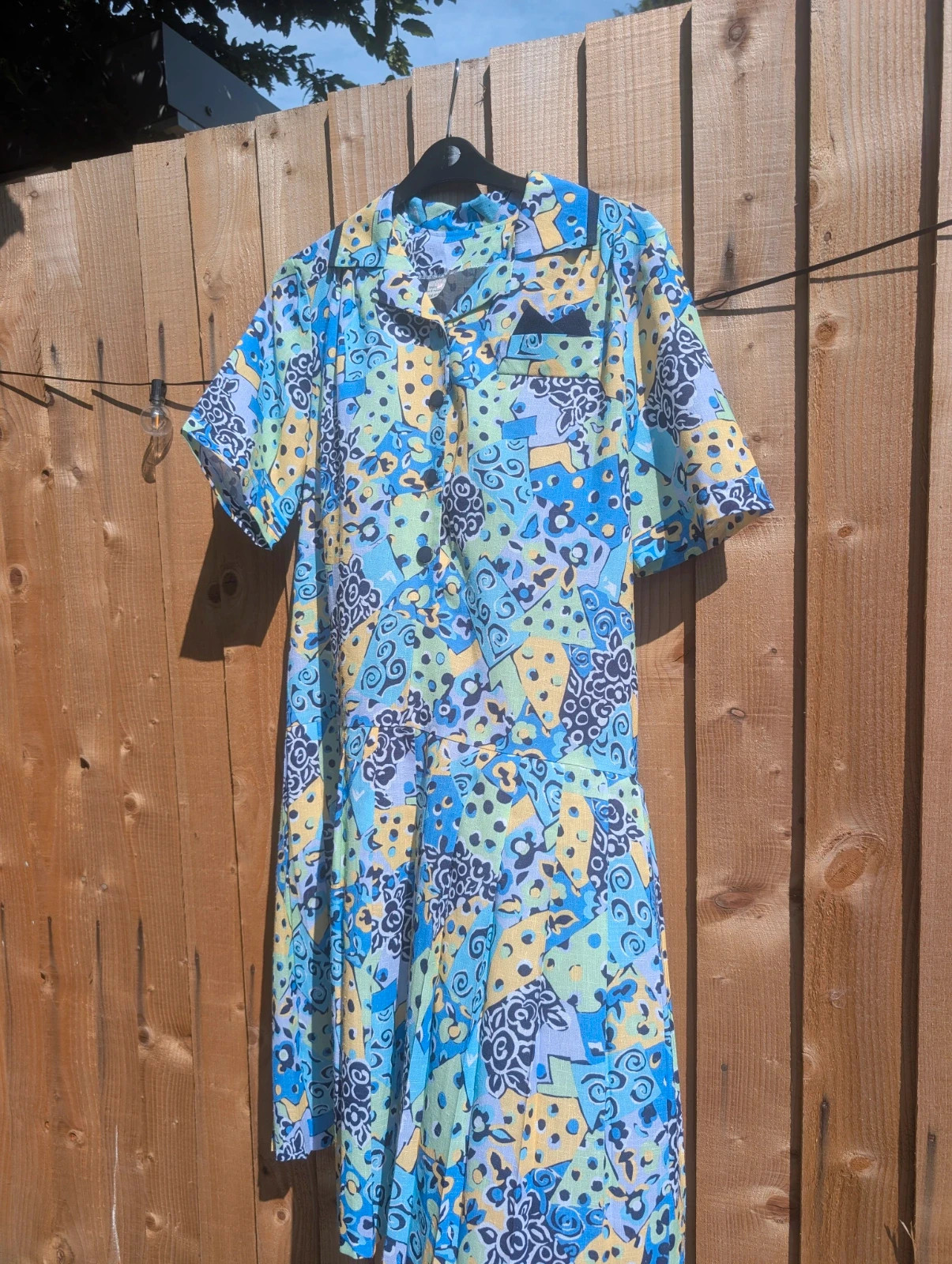 Vintage 1980s Blue Geometric Drop Waist Pleated Shirt Dress UK 14 - Image 5