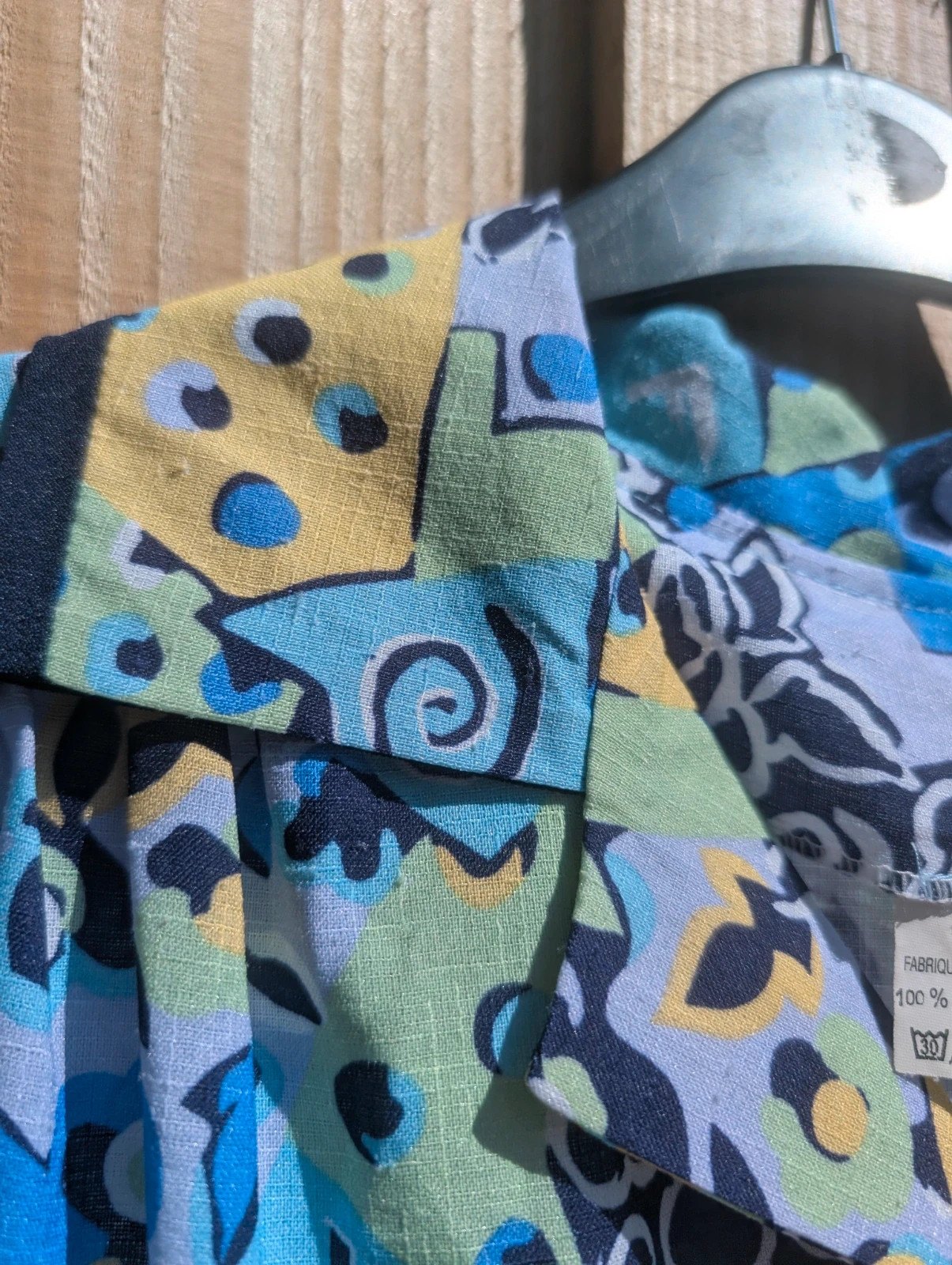 Vintage 1980s Blue Geometric Drop Waist Pleated Shirt Dress UK 14 - Image 10