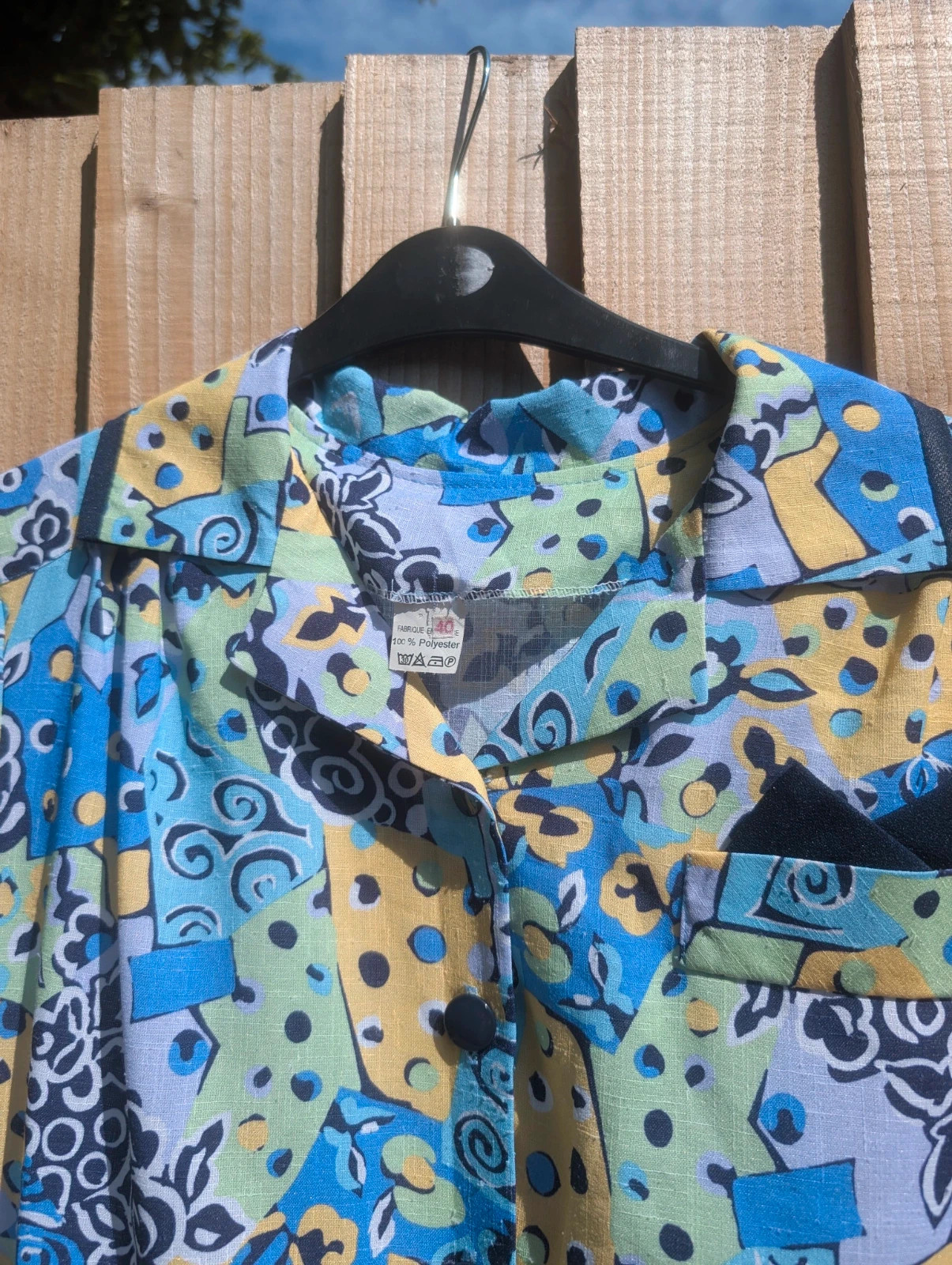 Vintage 1980s Blue Geometric Drop Waist Pleated Shirt Dress UK 14 - Image 11