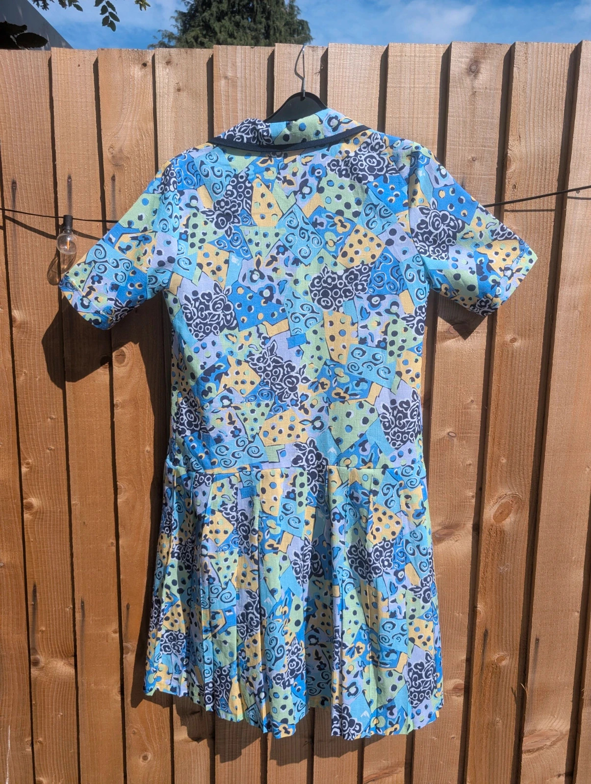 Vintage 1980s Blue Geometric Drop Waist Pleated Shirt Dress UK 14 - Image 12