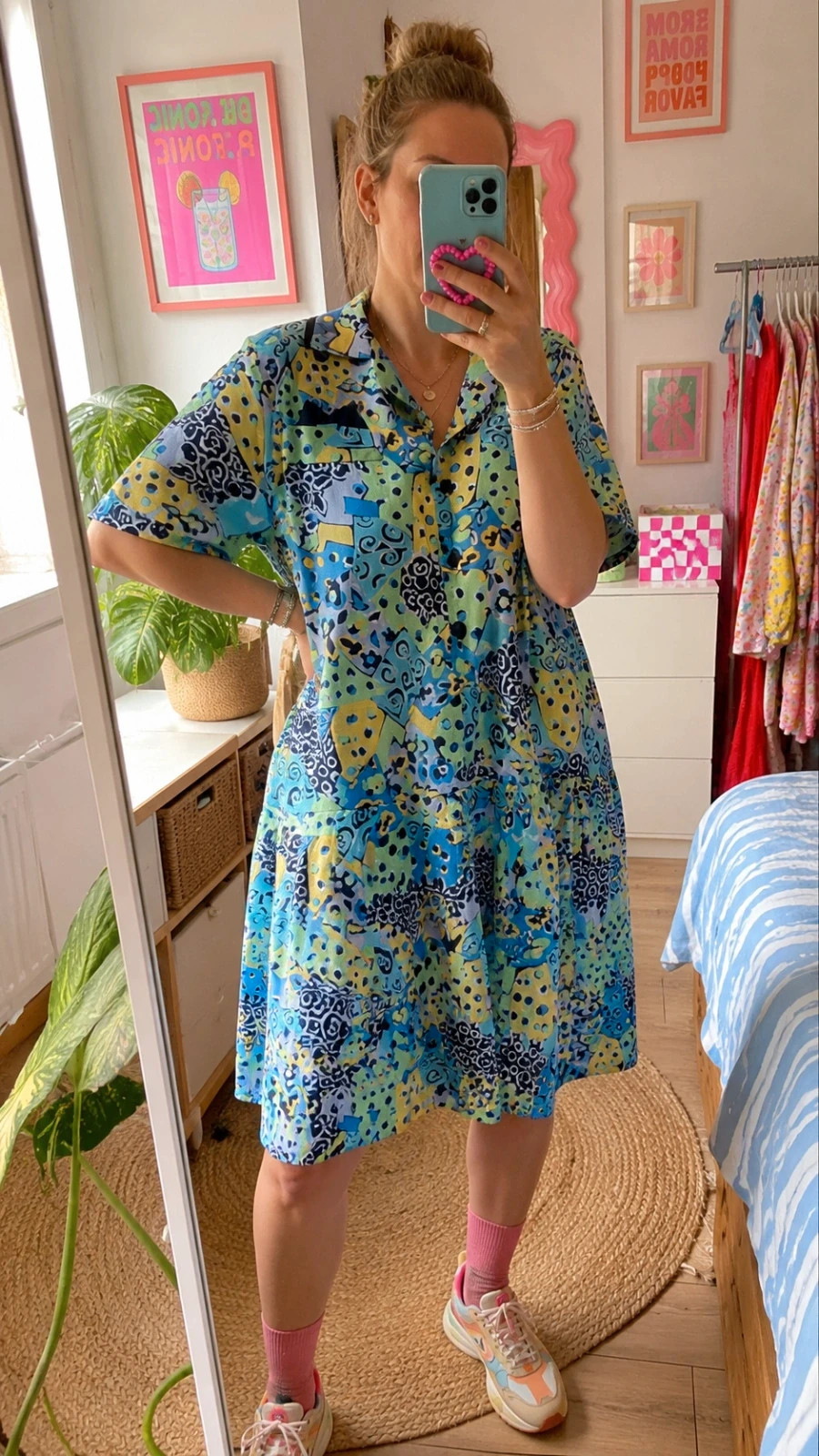 Vintage 1980s Blue Geometric Drop Waist Pleated Shirt Dress UK 14 - Image 3