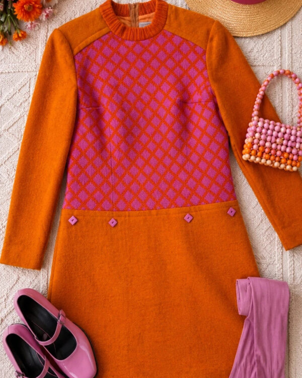 Coronet 1960s Orange Pink Wool Mod Shift Dress Made in Germany UK 8–10