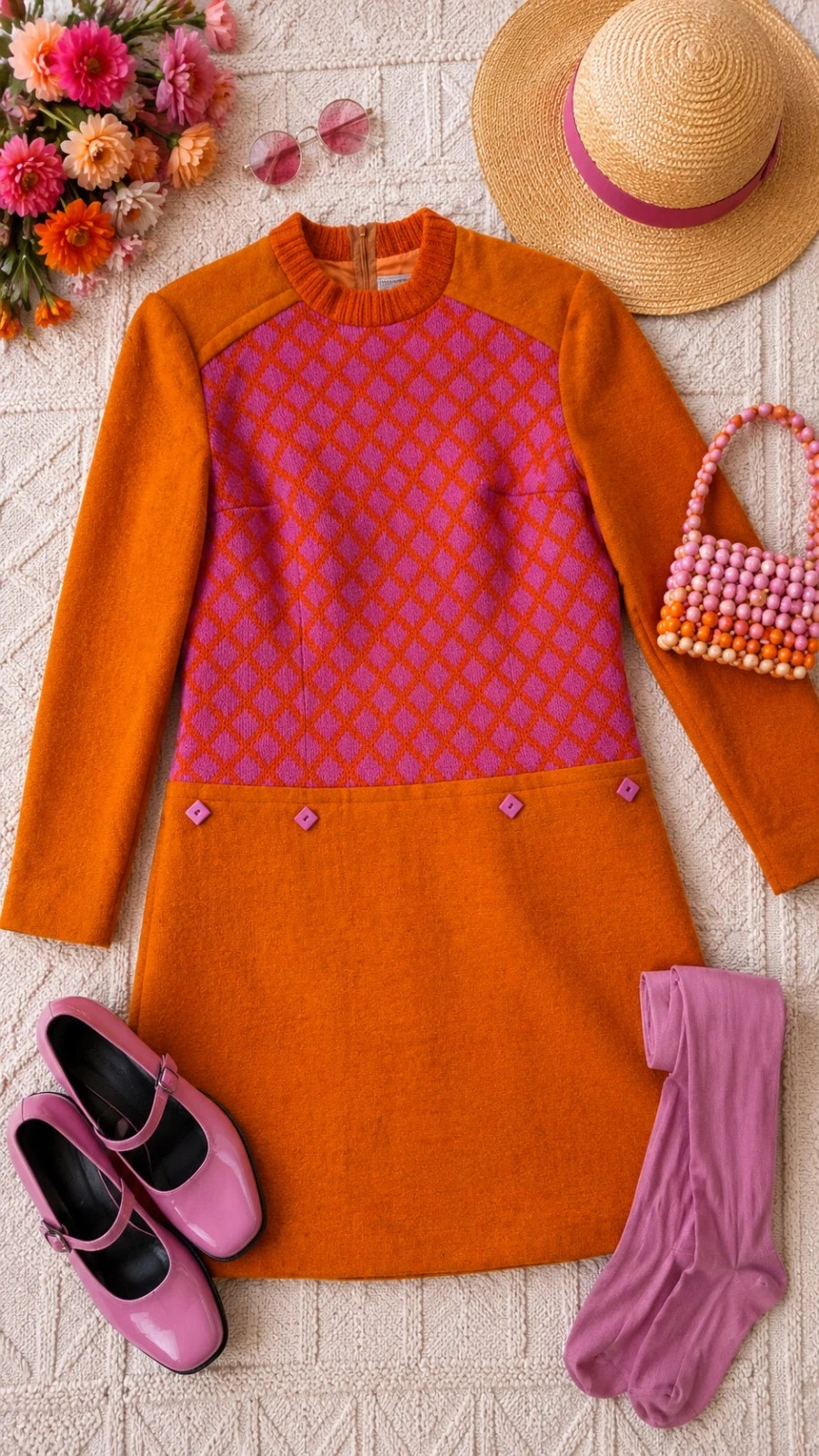 Coronet 1960s Orange Pink Wool Mod Shift Dress Made in Germany UK 8–10