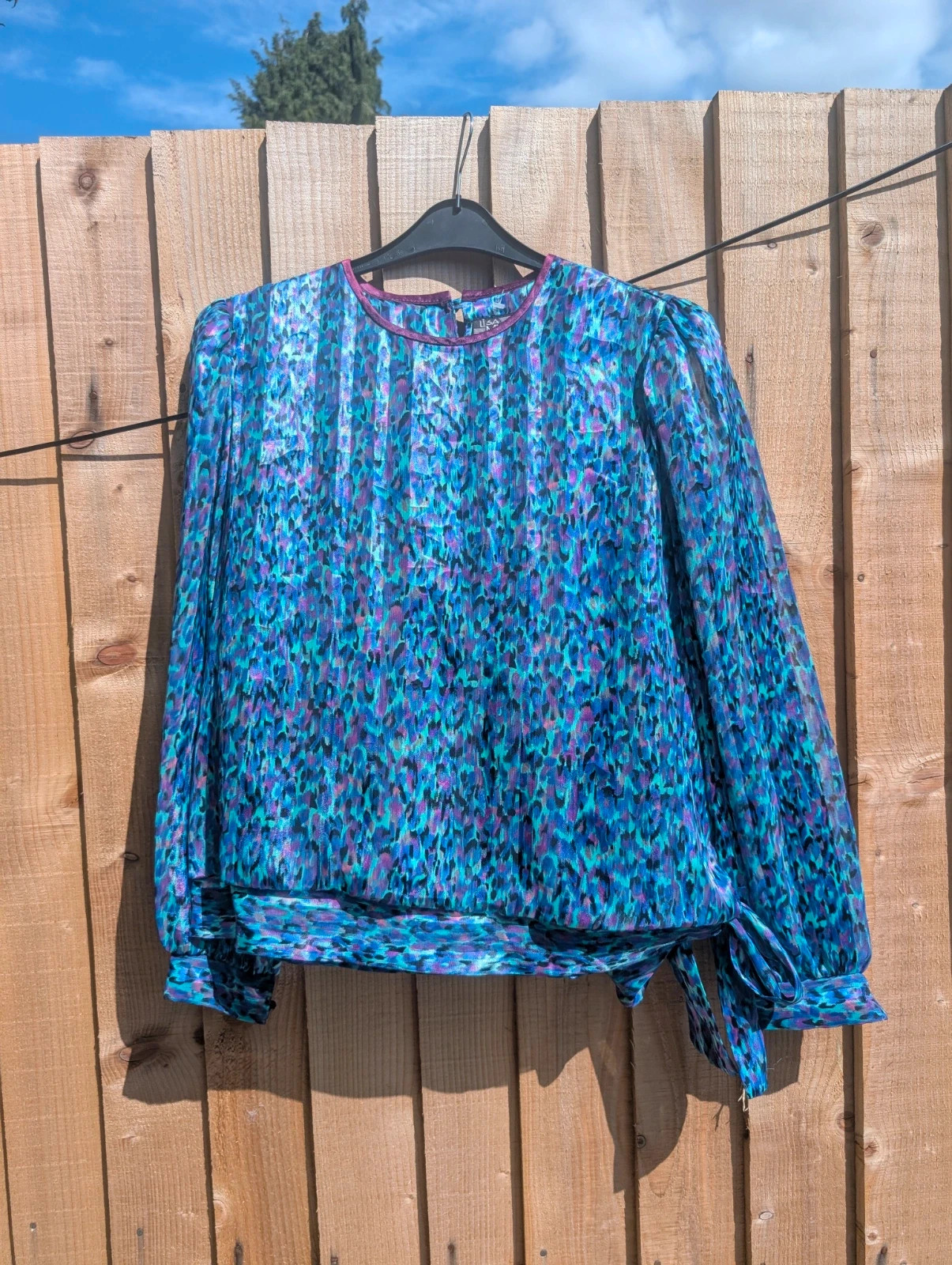 Lisa Michaels 1980s Blue Purple Animal Print Side-Tie Blouse 14 - Image 3