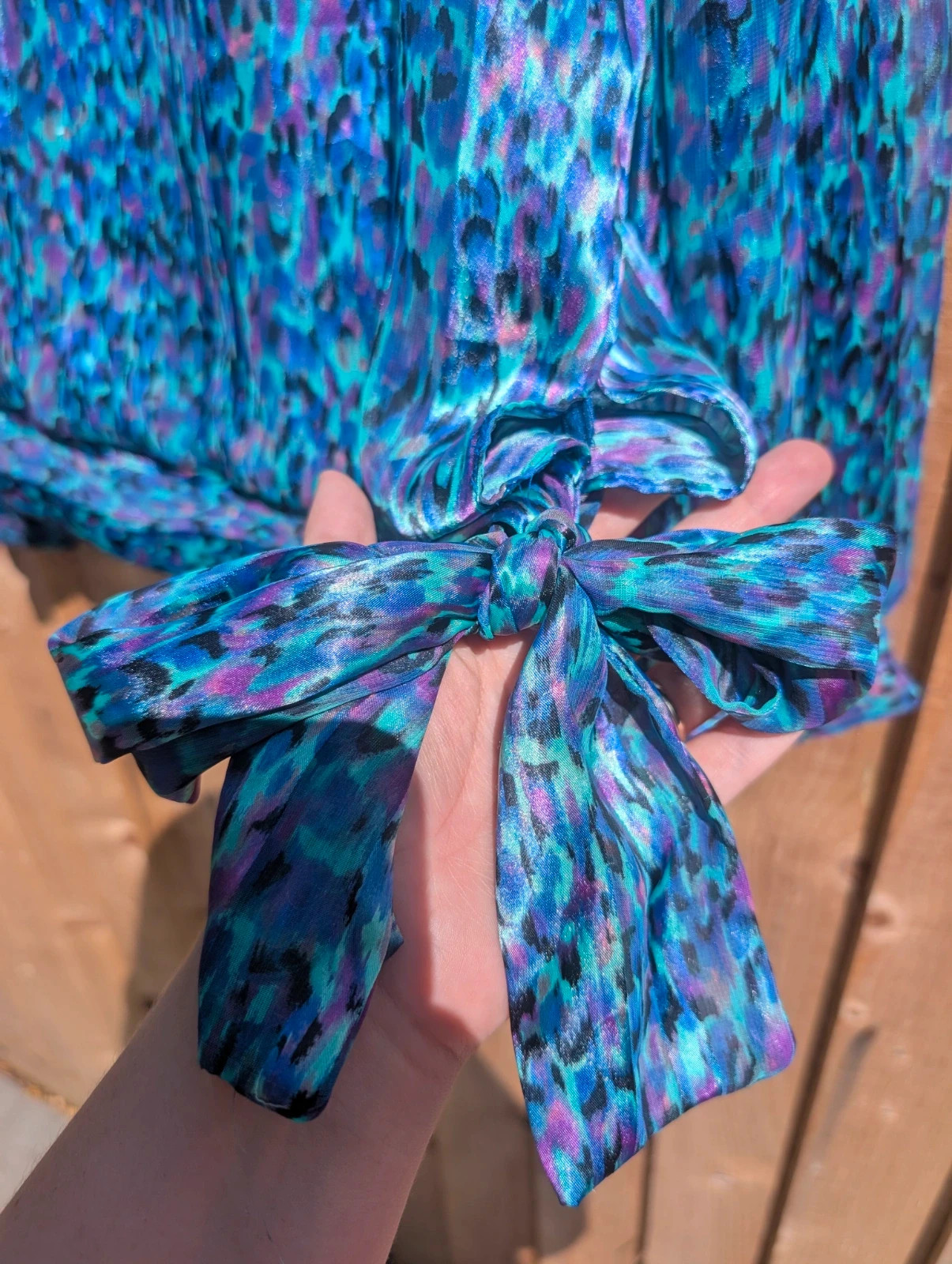 Lisa Michaels 1980s Blue Purple Animal Print Side-Tie Blouse 14 - Image 5