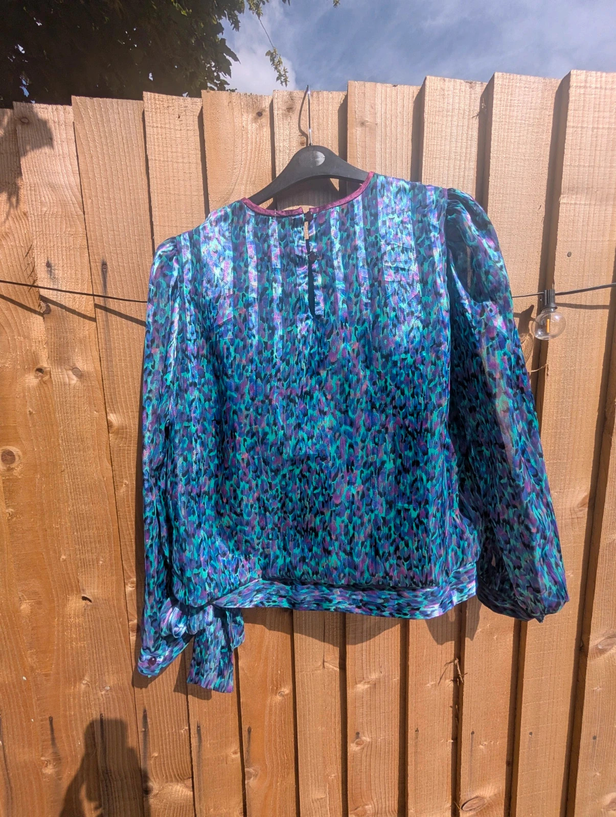 Lisa Michaels 1980s Blue Purple Animal Print Side-Tie Blouse 14 - Image 7