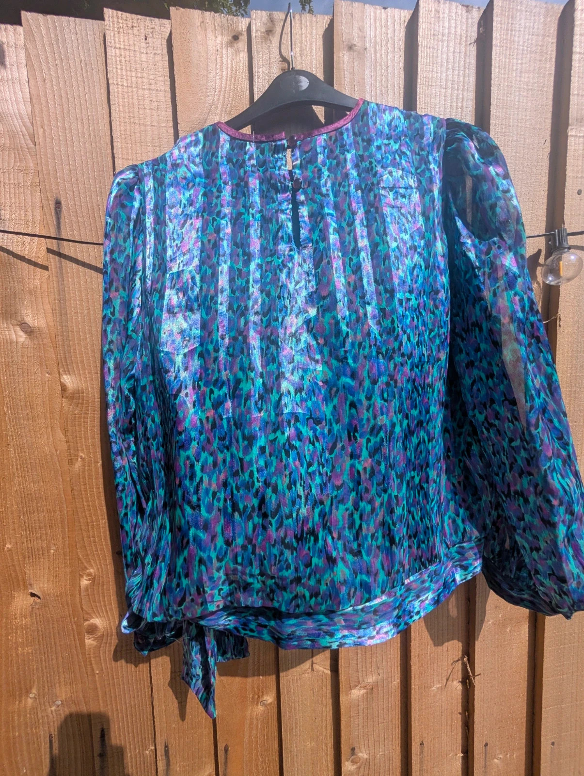Lisa Michaels 1980s Blue Purple Animal Print Side-Tie Blouse 14 - Image 8