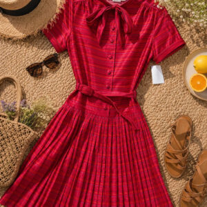 Pierre & Jean Rémy 1970s Red Striped Pleated Midi Dress Tie Neck Belted UK 8