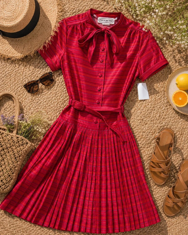 Pierre & Jean Rémy 1970s Red Striped Pleated Midi Dress Tie Neck Belted UK 8