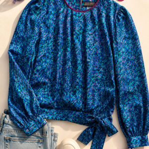 Lisa Michaels 1980s Blue Purple Animal Print Side-Tie Blouse 14