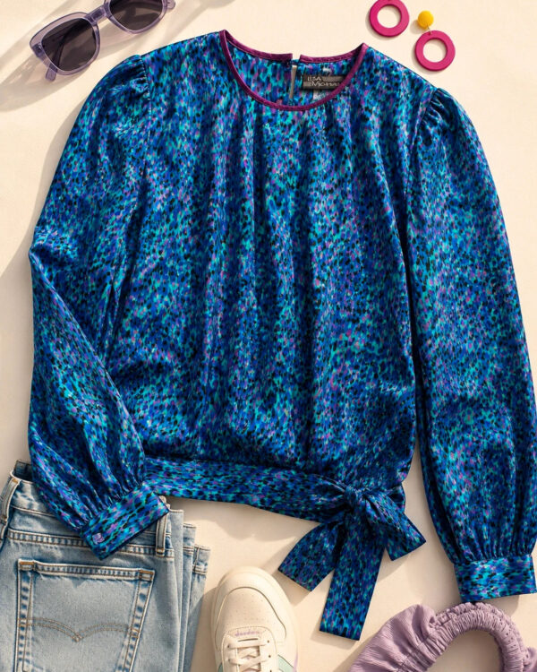 Lisa Michaels 1980s Blue Purple Animal Print Side-Tie Blouse 14