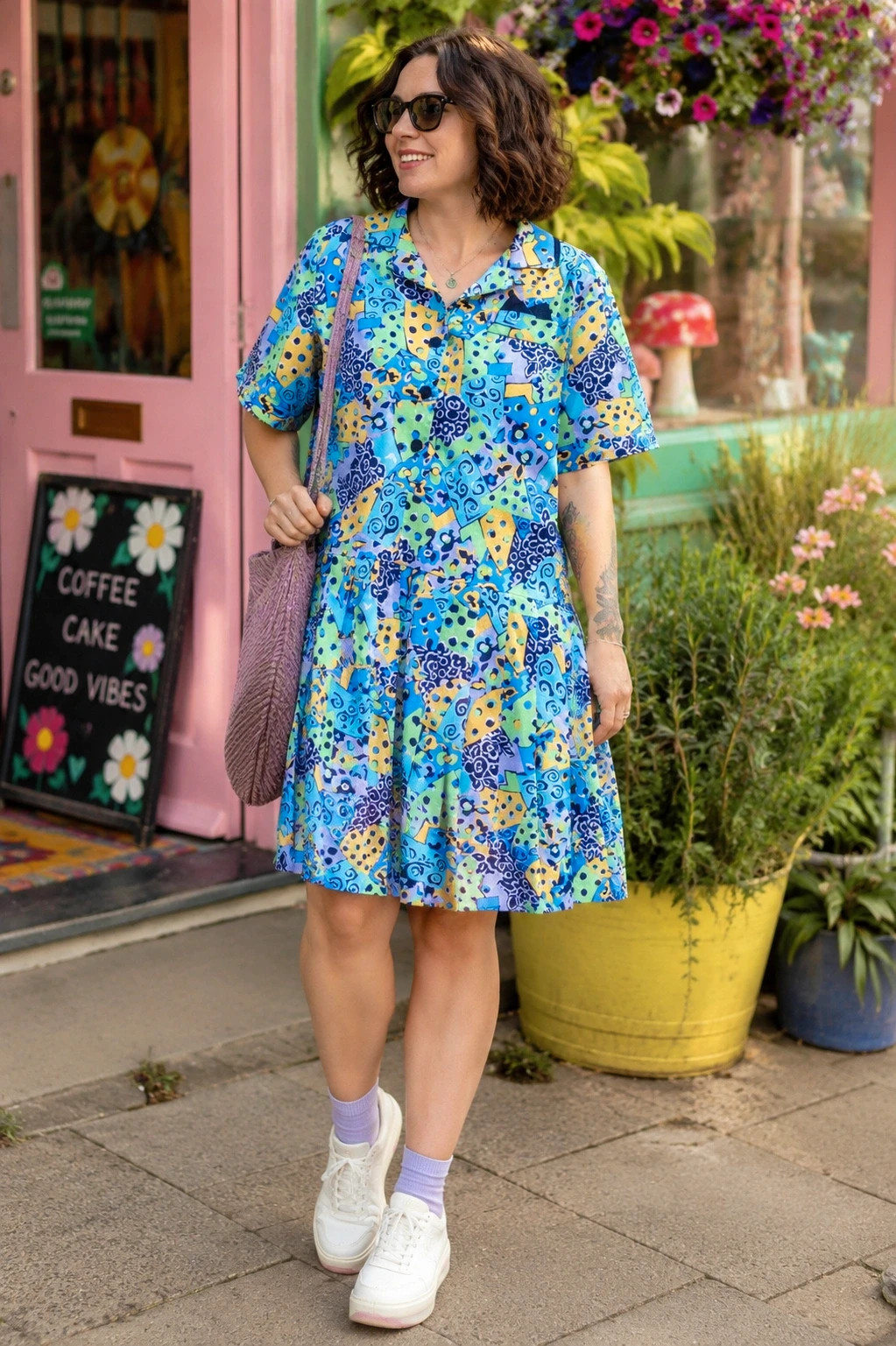 Vintage 1980s Blue Geometric Drop Waist Pleated Shirt Dress UK 14 - Image 2