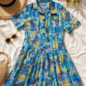 Vintage 1980s Blue Geometric Drop Waist Pleated Shirt Dress UK 14
