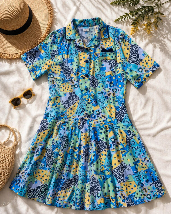 Vintage 1980s Blue Geometric Drop Waist Pleated Shirt Dress UK 14