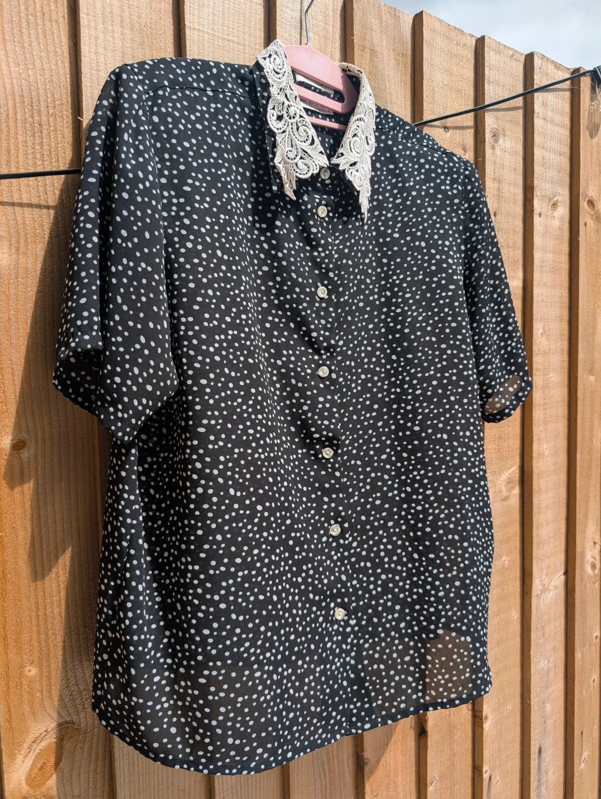 Chris B Vintage 1980s Black White Spot Blouse Lace Collar UK 14-16 - Image 3