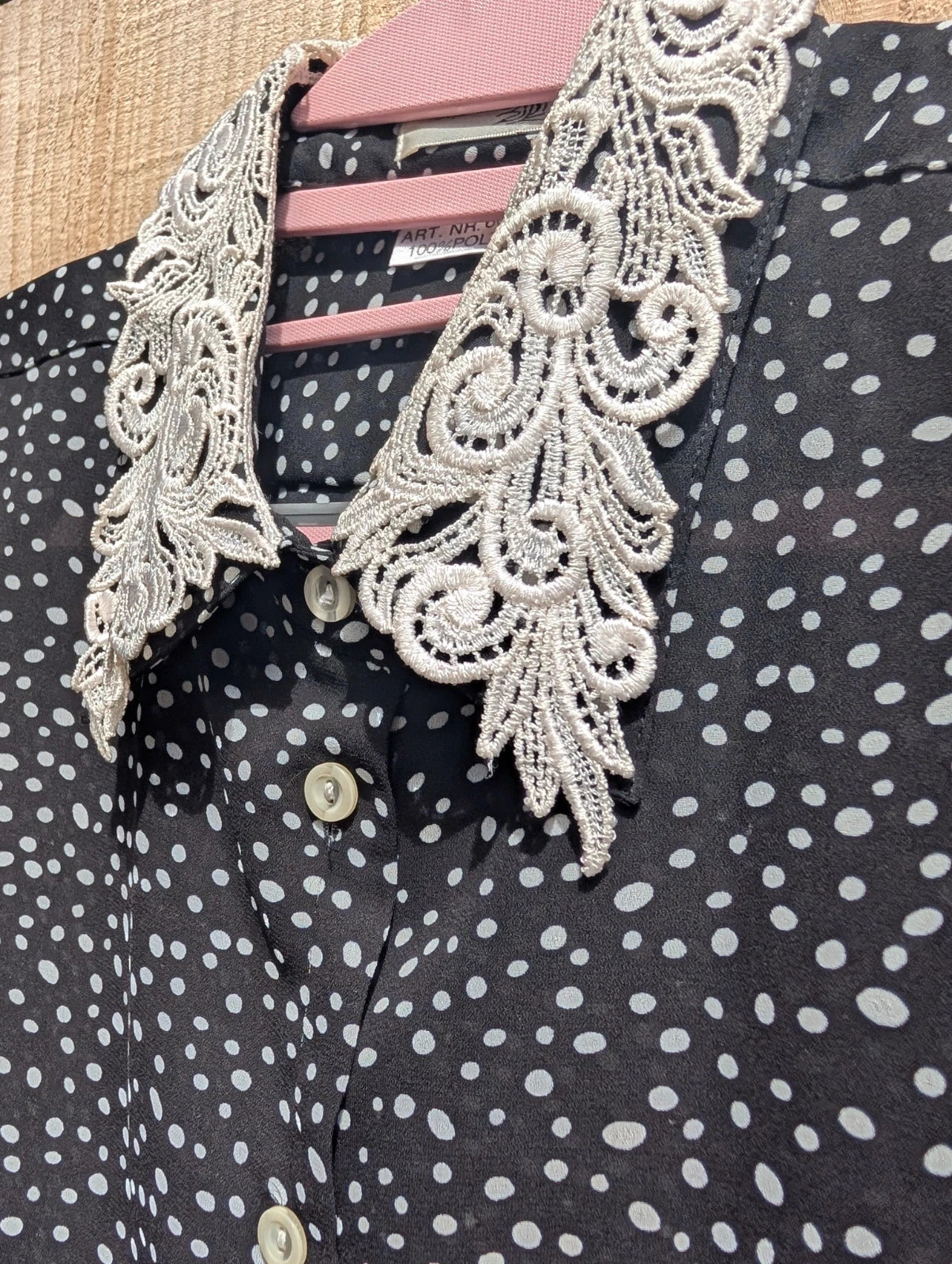 Chris B Vintage 1980s Black White Spot Blouse Lace Collar UK 14-16 - Image 4