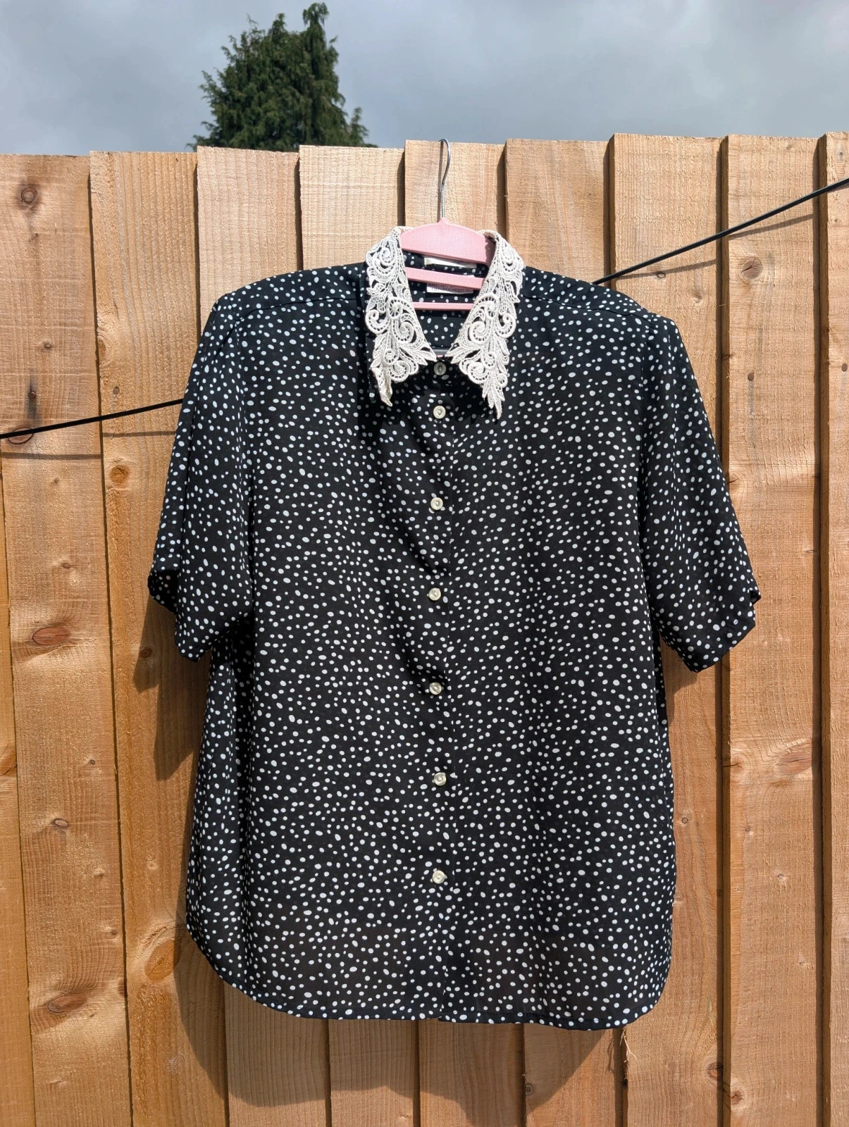 Chris B Vintage 1980s Black White Spot Blouse Lace Collar UK 14-16 - Image 9