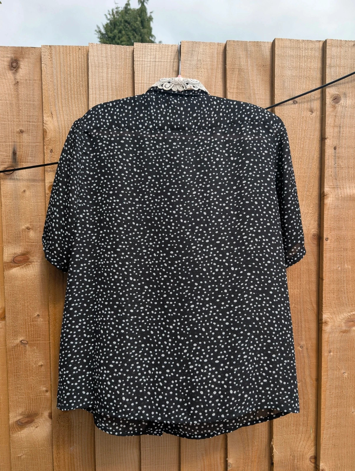 Chris B Vintage 1980s Black White Spot Blouse Lace Collar UK 14-16 - Image 11