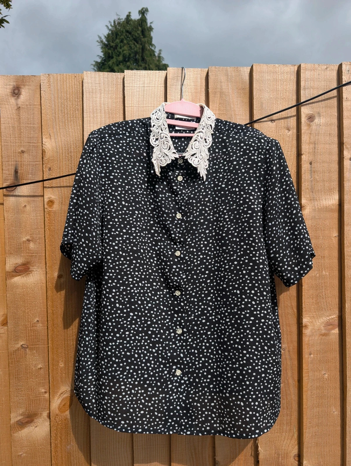 Chris B Vintage 1980s Black White Spot Blouse Lace Collar UK 14-16 - Image 2