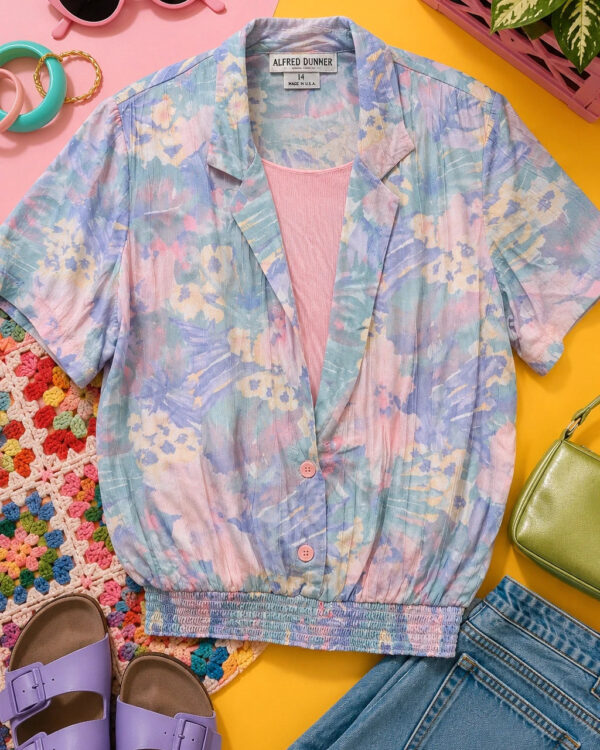 Vintage 80s/90s Alfred Dunner Pastel Floral Blouson Top Faux Layered UK 14-16