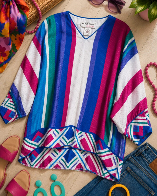 Victor Costa at Home Vintage 1980s Colourful Striped Batwing Tunic Top Made USA 14-16