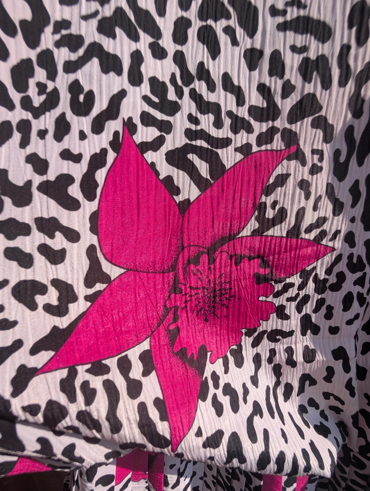 Vintage 80s Black White Pink Floral Animal Print Drop Waist Tiered Dress UK 14 (Label 16) - Image 3