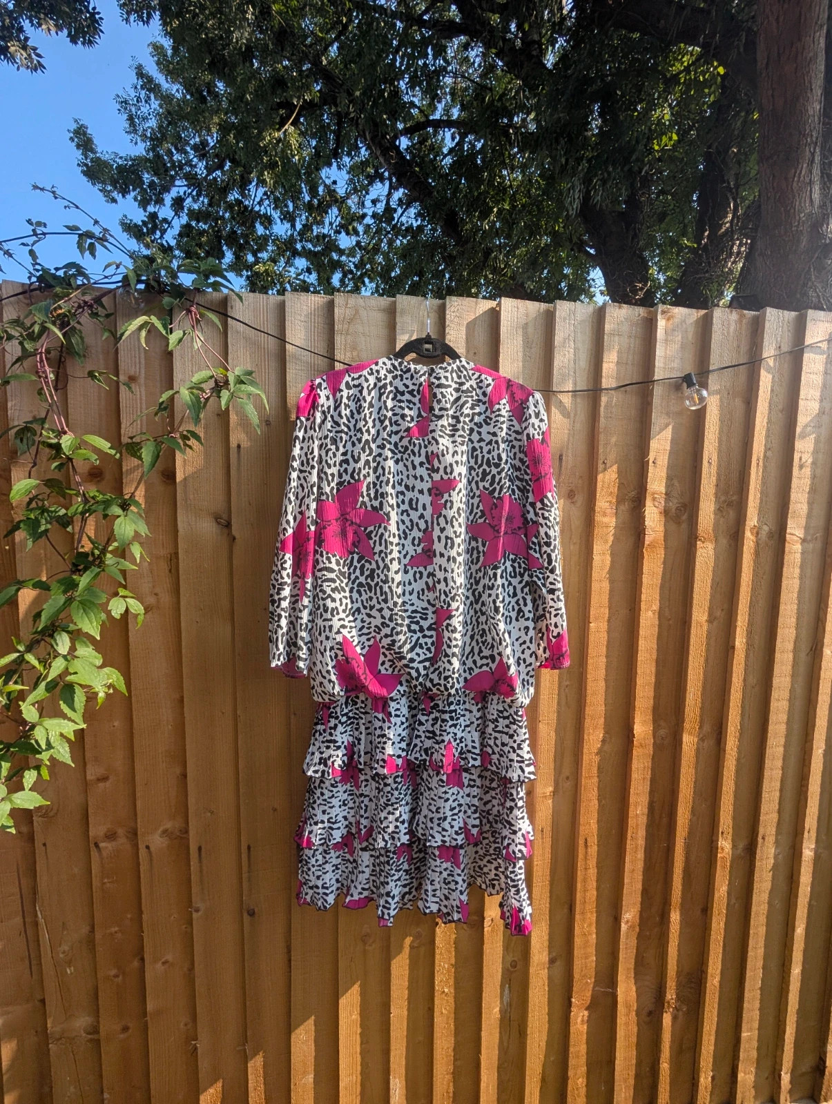 Vintage 80s Black White Pink Floral Animal Print Drop Waist Tiered Dress UK 14 (Label 16) - Image 5