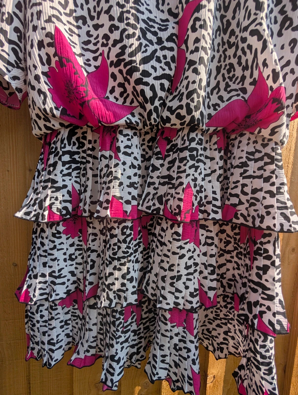 Vintage 80s Black White Pink Floral Animal Print Drop Waist Tiered Dress UK 14 (Label 16) - Image 6