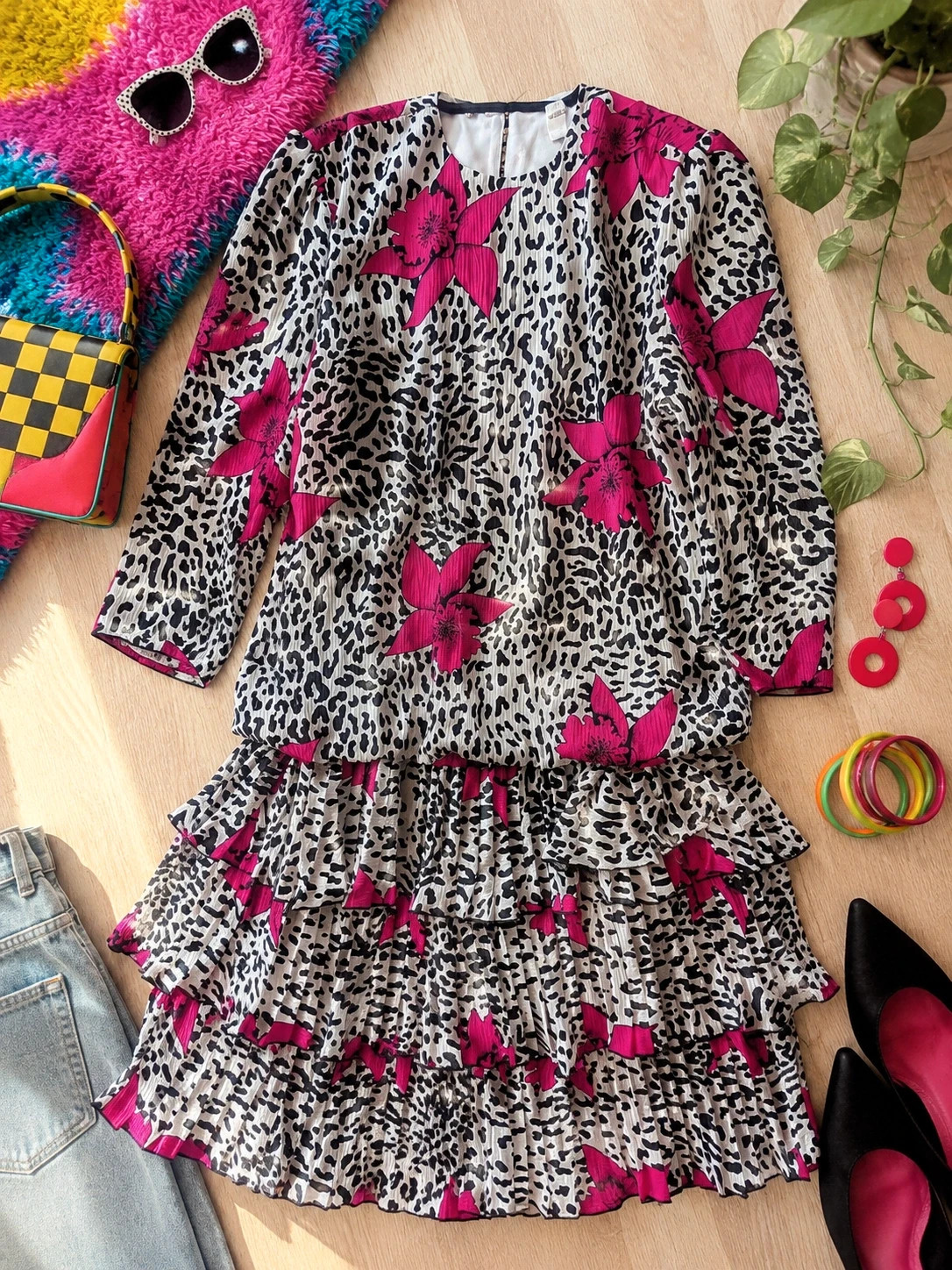 Vintage 80s Black White Pink Floral Animal Print Drop Waist Tiered Dress UK 14 (Label 16)