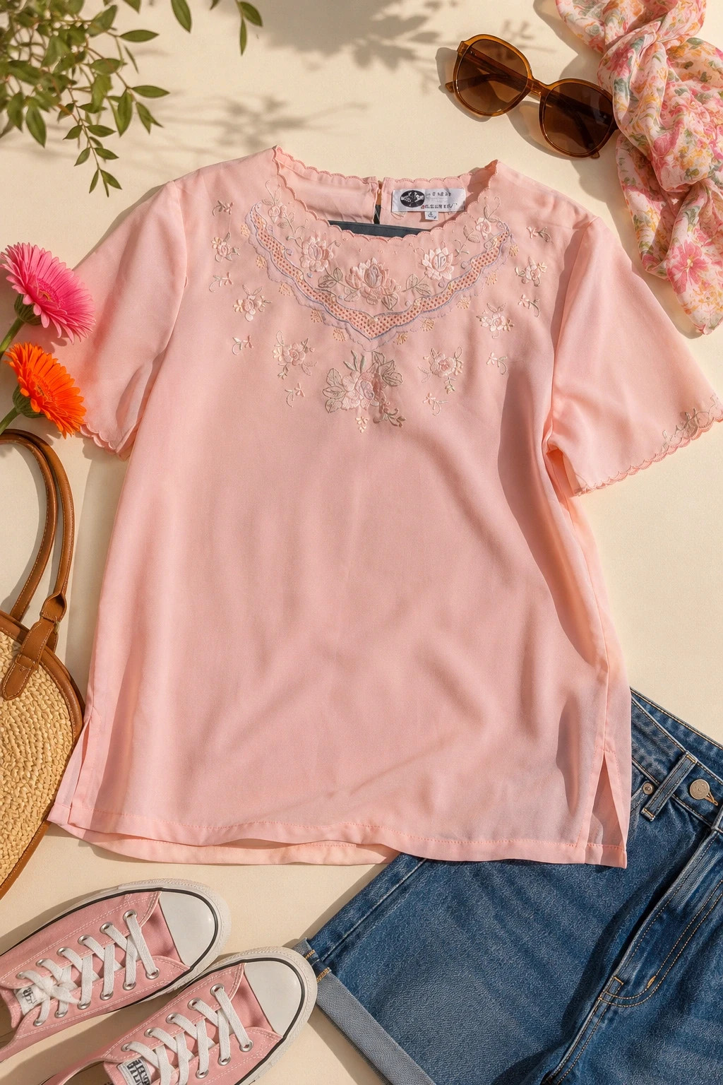 Vintage 1980s/90s Blush Pink Embroidered Blouse Scalloped Neck UK 10-12