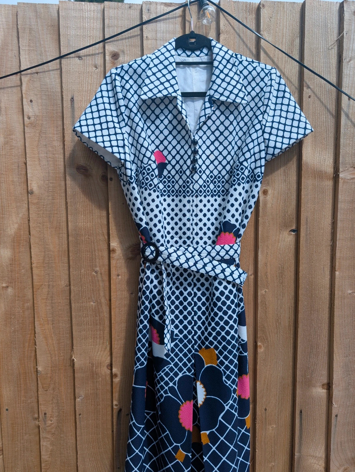 Vintage 1960s 70s Navy White Floral Geometric Belted Midi Dress UK 14-16 - Image 14