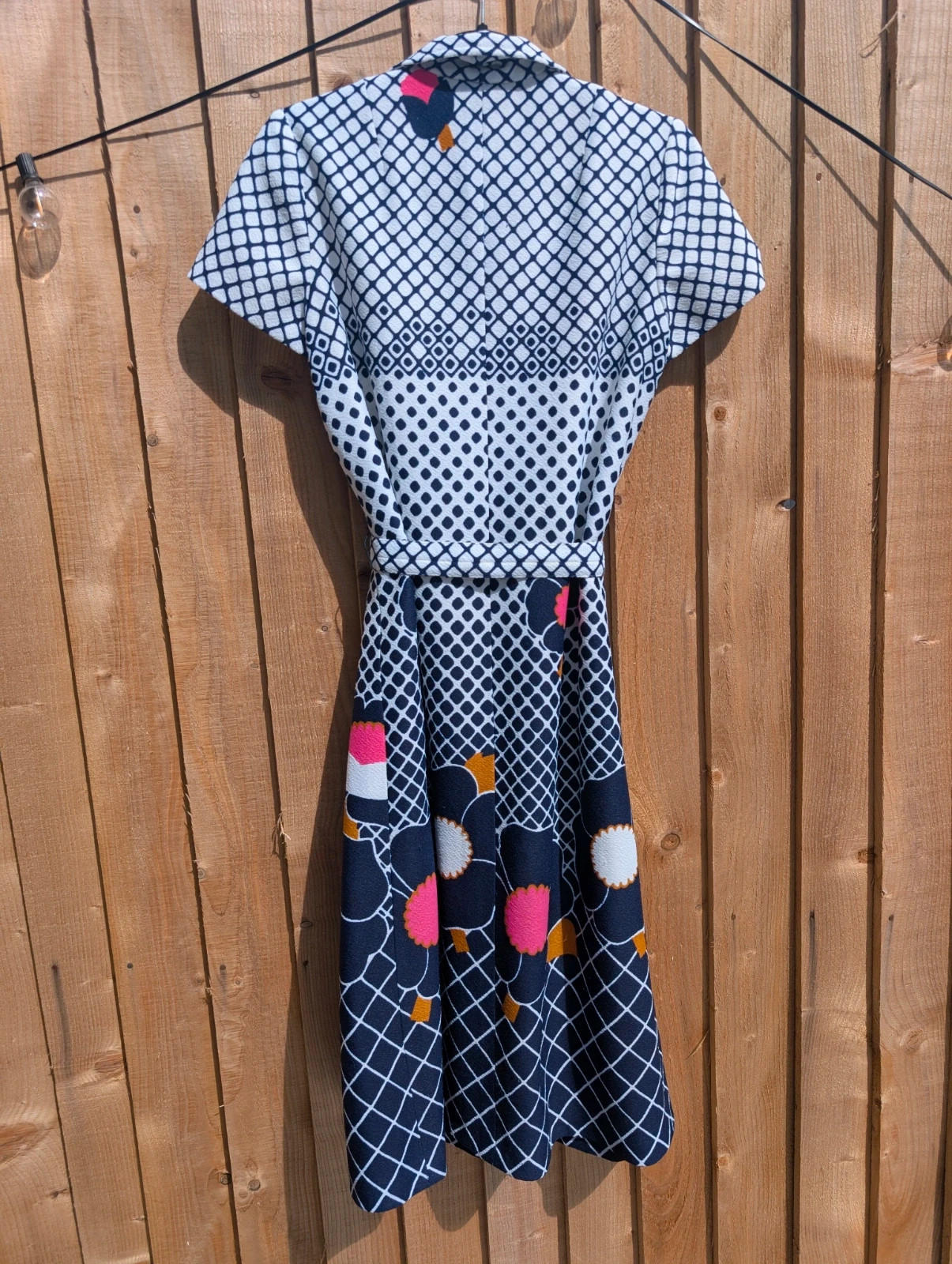 Vintage 1960s 70s Navy White Floral Geometric Belted Midi Dress UK 14-16 - Image 15