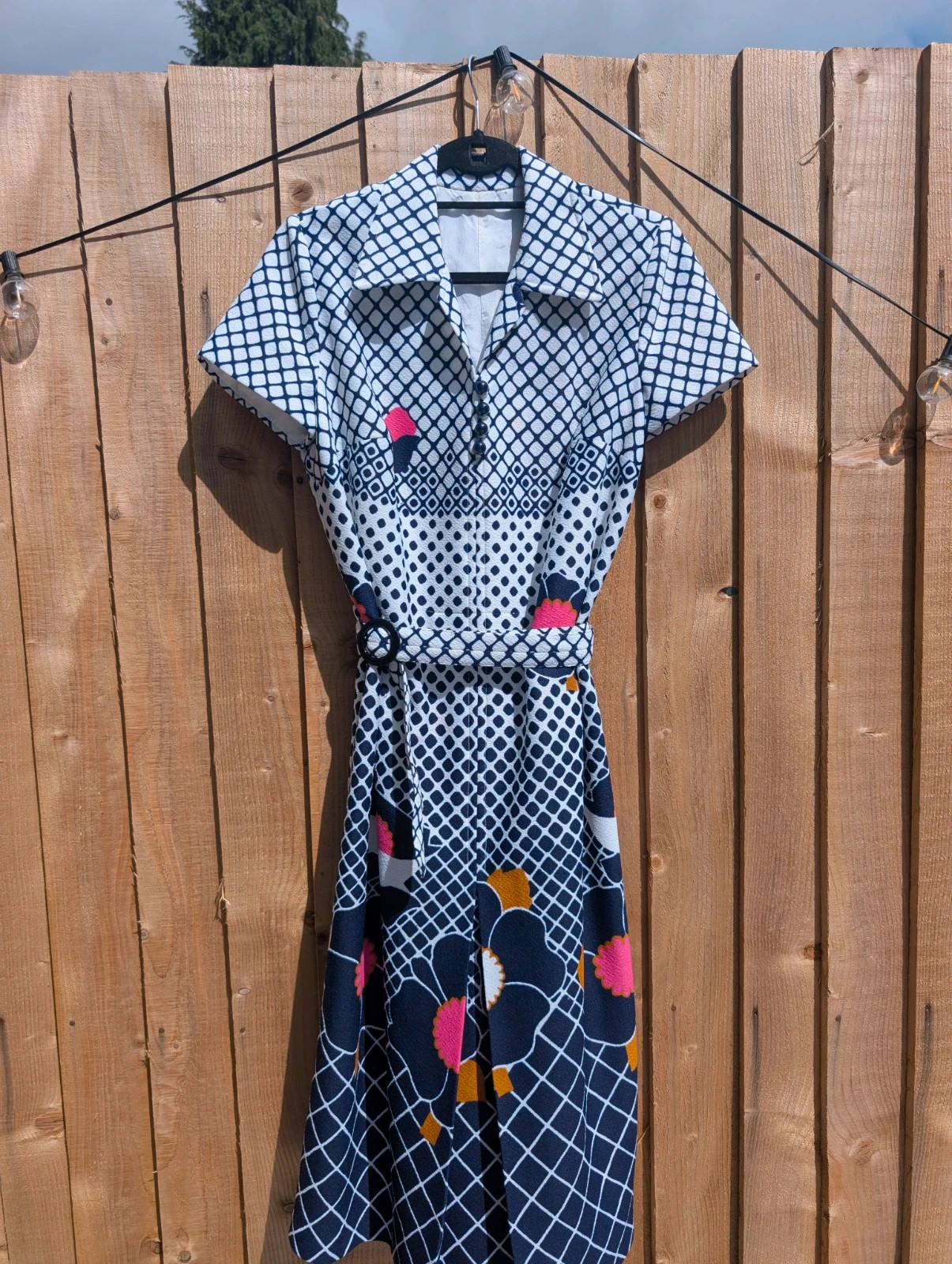 Vintage 1960s 70s Navy White Floral Geometric Belted Midi Dress UK 14-16 - Image 3