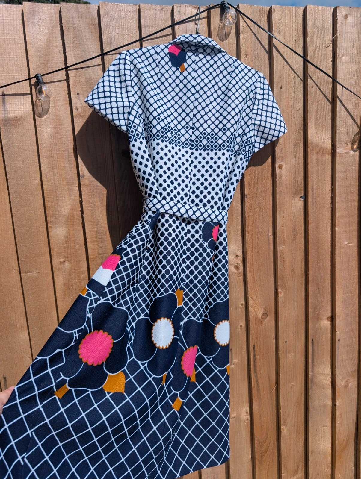 Vintage 1960s 70s Navy White Floral Geometric Belted Midi Dress UK 14-16 - Image 4