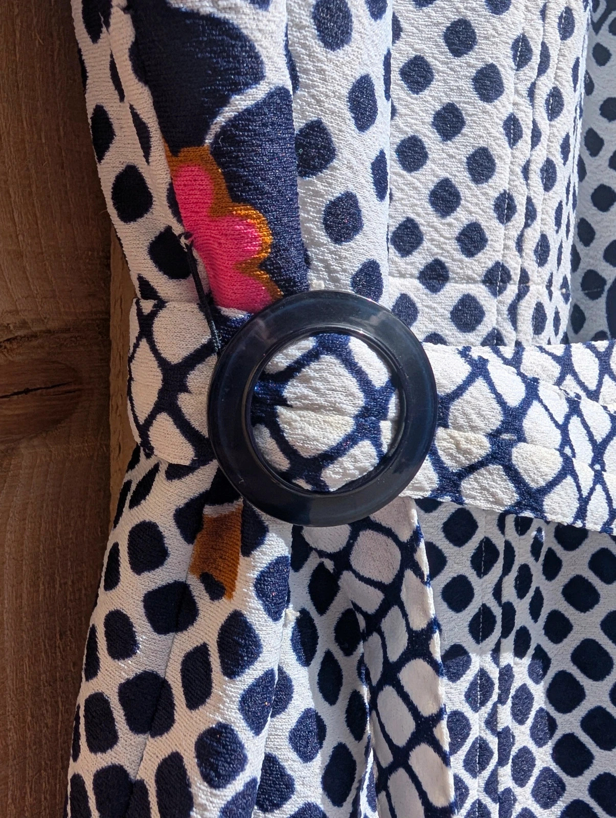 Vintage 1960s 70s Navy White Floral Geometric Belted Midi Dress UK 14-16 - Image 10