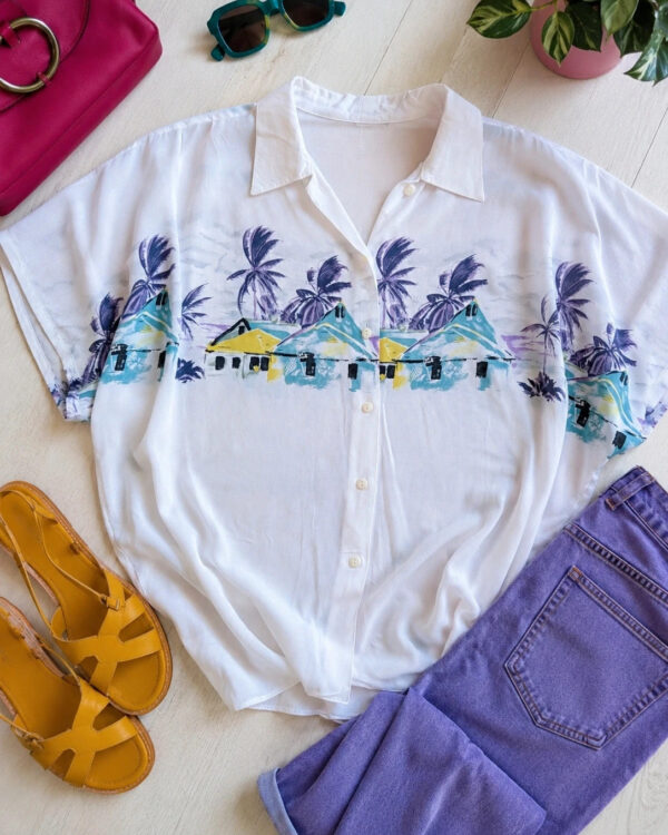 Vintage Tropical Hawaiian Village Print White Viscose Blouse Shirt UK 14 Palm Tree Holiday