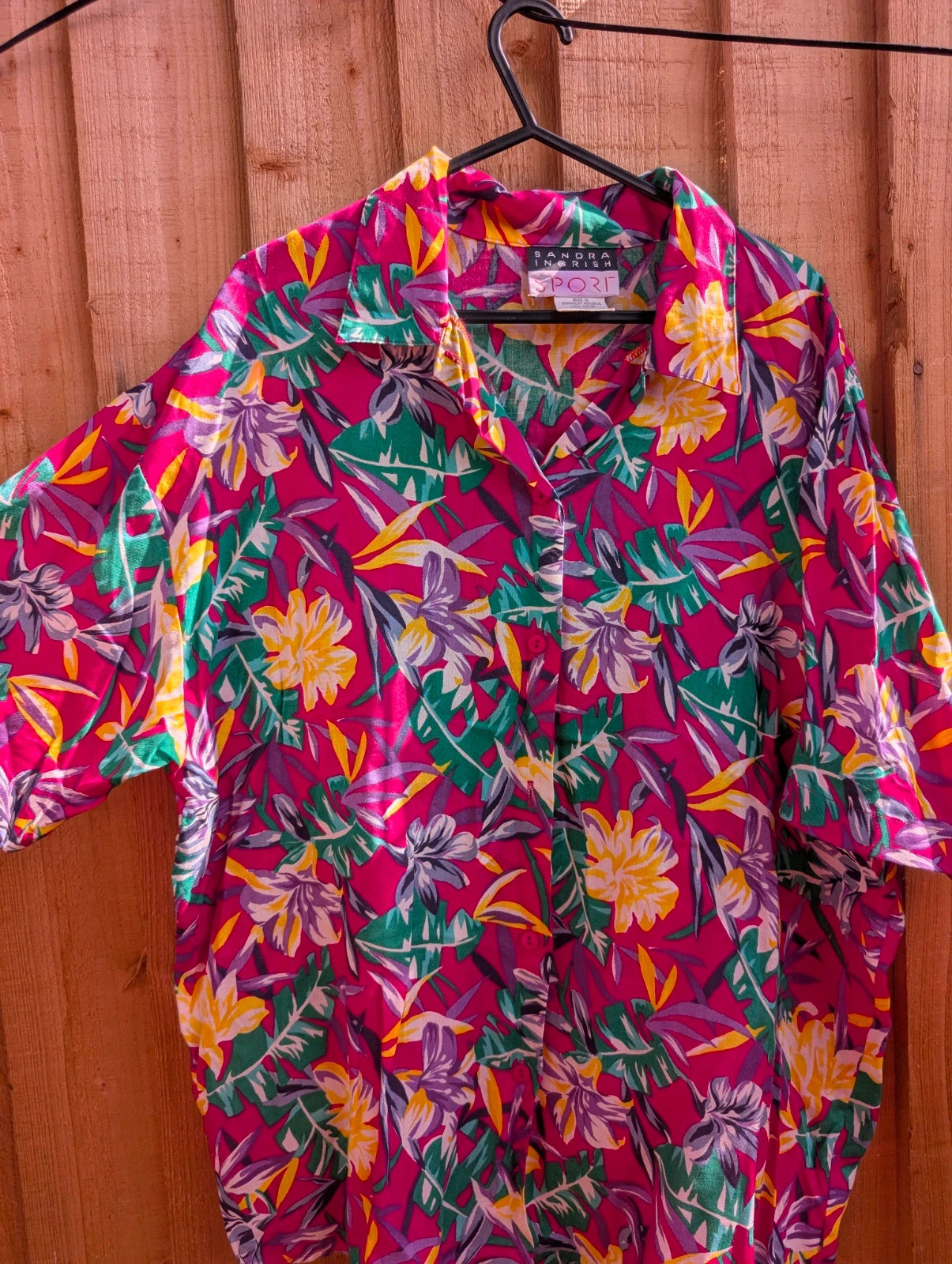 Sandra Ingrish Sport Vintage Tropical Floral Rayon Shirt Blouse Pink Green UK 16-18 L - Image 3